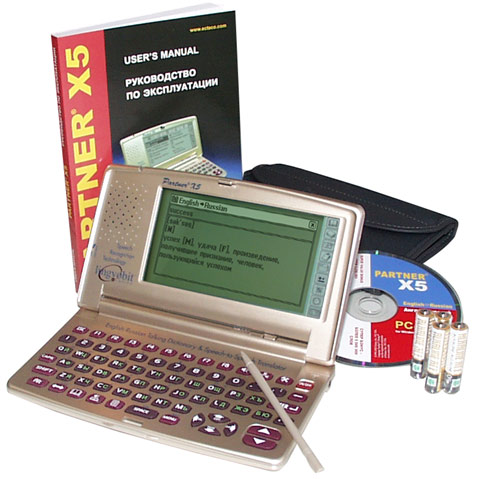 In addition to actual electronic dictionary, the package includes stylus, data card, textbook, four replaceable batteries, slim case for storage and carrying, and instruction user manual.