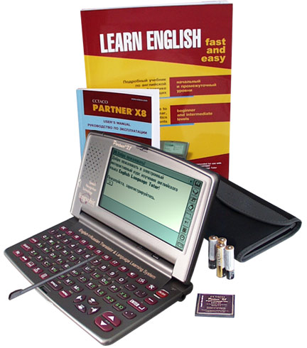 In addition to actual electronic dictionary, the package includes stylus, data card, textbook, four replaceable batteries, slim case for storage and carrying, and instruction user manual.<p>This device is only compatible with memory cards especially designed for it. Available memory cards may be found in the accessories sections.